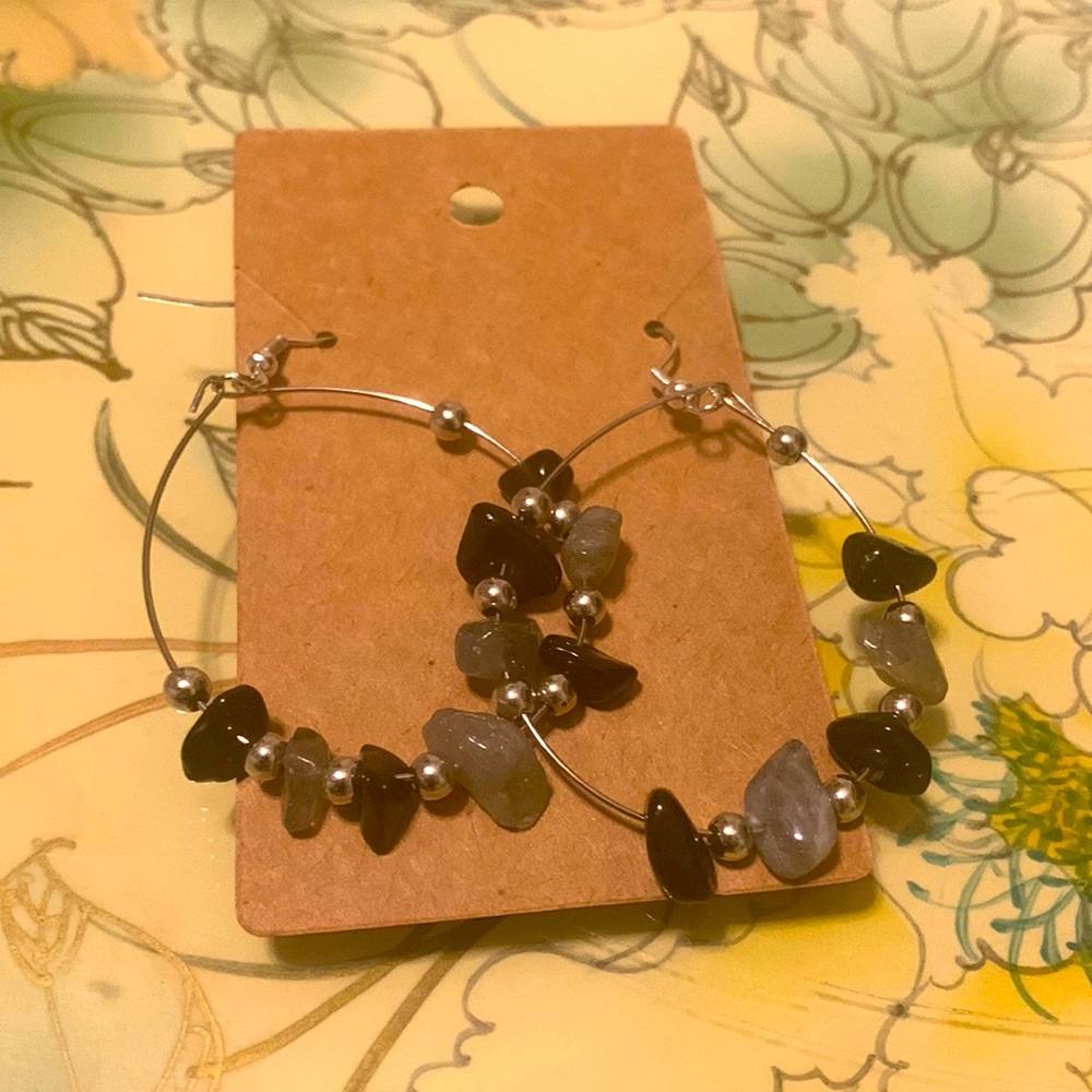 Black and grey gemstone chip earrings